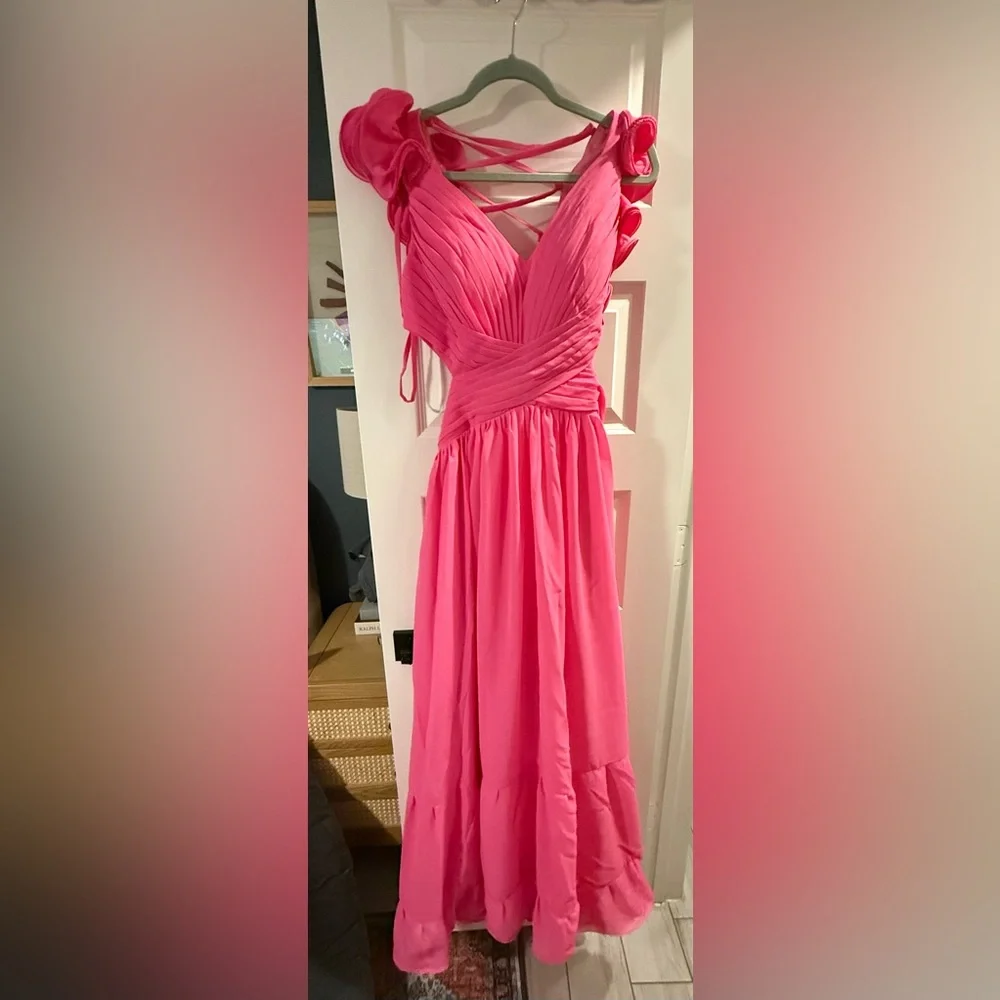 Ruffle Sleeved - Elegant Pink Maxi Dress Chiffon - Never Worn - Picture 2 of 3